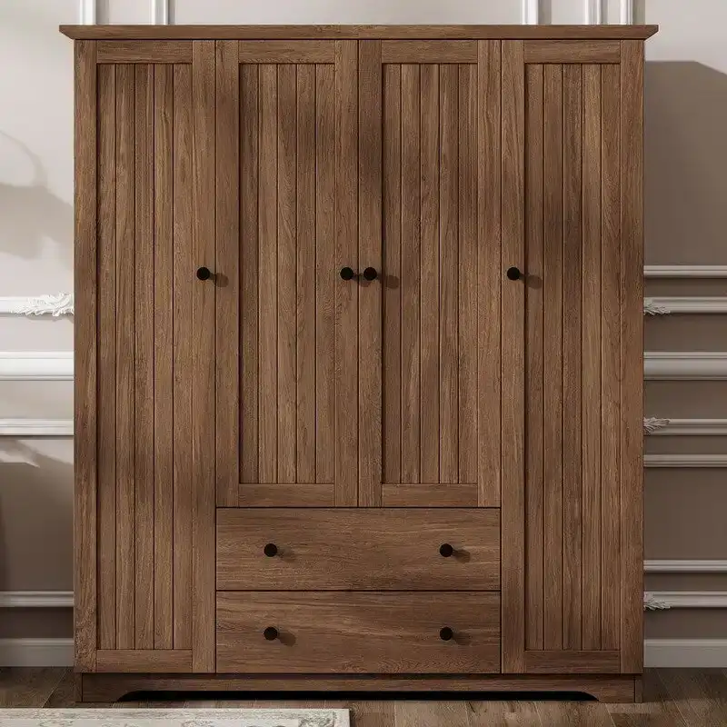 Brown/White 4-Door Wardrobe Armoire with 2 Drawers