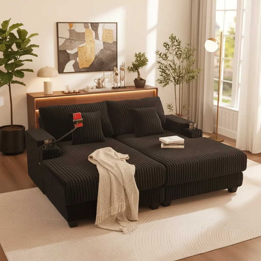 Chaise Lounge Sofa with Built-In Storage, Cup Holders & Phone Holder