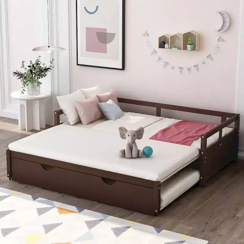 Okak Twin Size Extending Design Daybed with Trundle/Drawers & Safety Rails,Solid Wood Platform Bed Frame for Teens,Adults