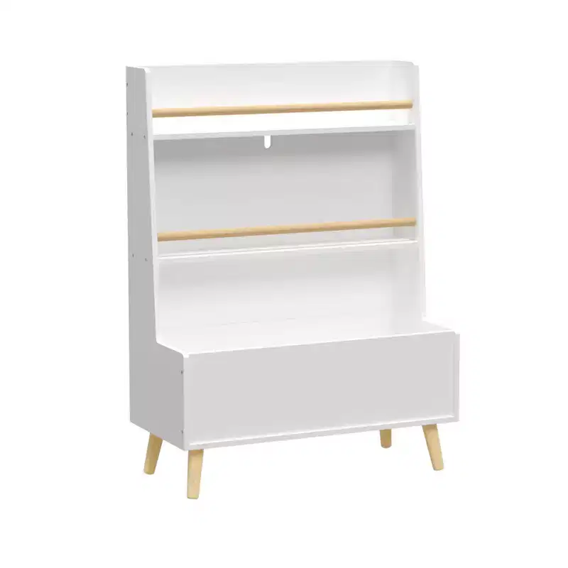 Kids Bookshelf with Open Shelves and Storage Bin, White Bookcase with Wooden Legs for Playroom or Bedroom
