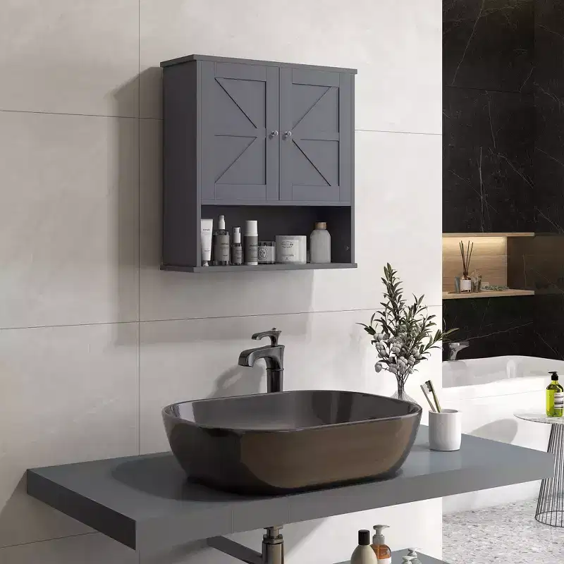Bathroom Wall Cabinet, Farmhouse Medicine Cabinet With Open Shelf & Adjustable Shelf, Storage Cupboard For Laundry Room
