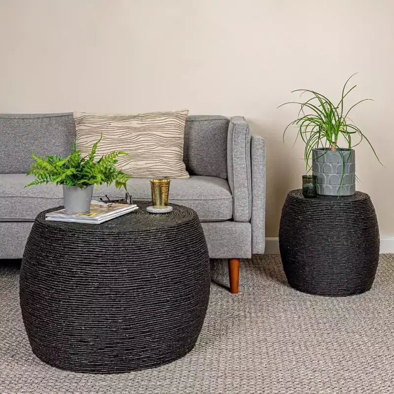 Round Rope Barrel Side Table, Black