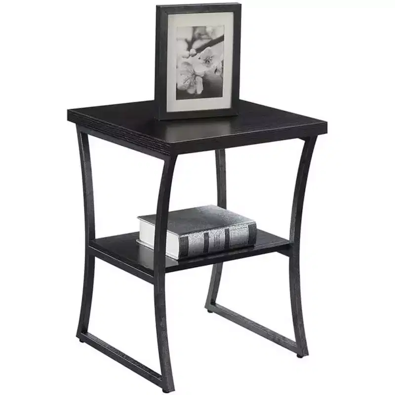 Three-Tier End Table with Open Shelves, Cross Frame Design, Espresso/Slate Gray