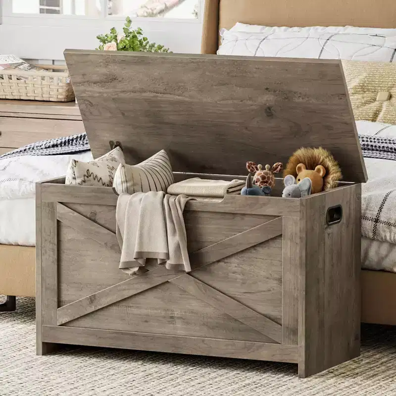 30-Inch Wooden Storage Bench with Safety Hinge and Large Shoe Storage Chest