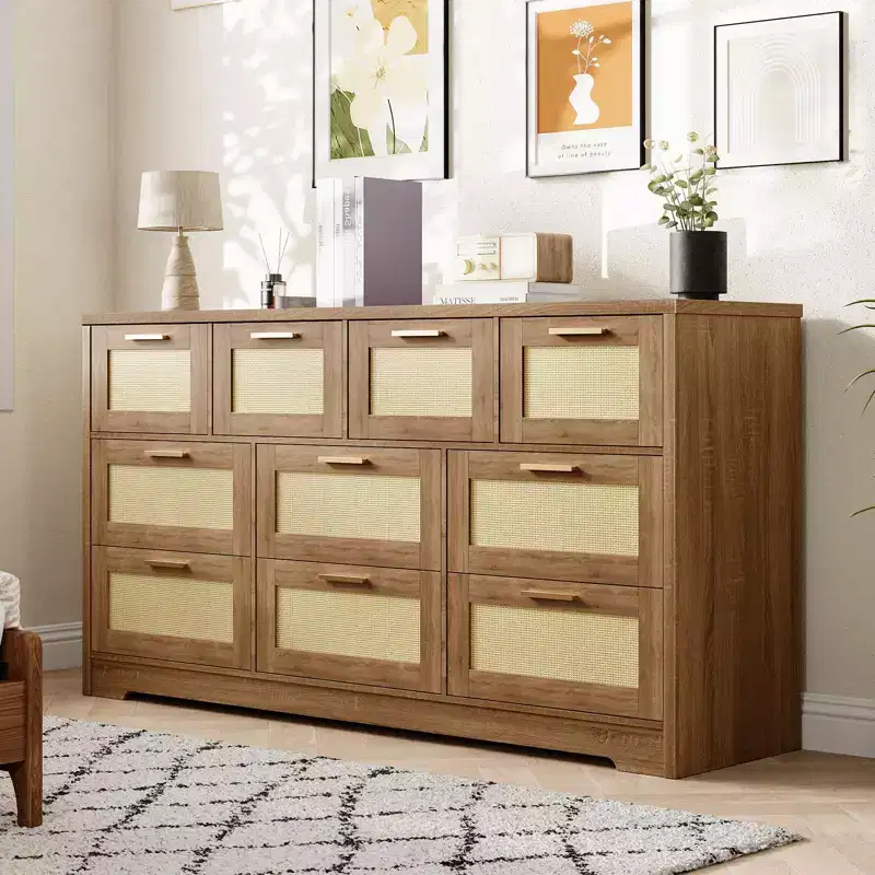 10-Drawer Rattan Dresser 60 x 16 x 32 Wooden TV Stand Ample Tabletop Stylish Handles for Bedroom Living Room Hallway