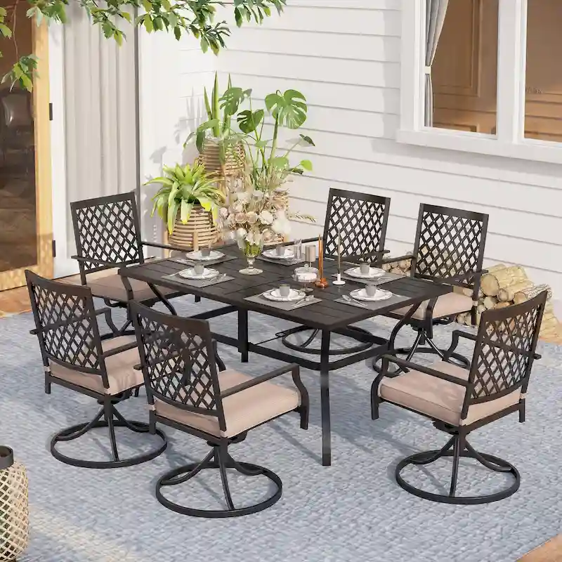 MAISON ARTS Rectangle Metal Table and 6 Swivel Chairs with Cushion 7-Piece Metal Outdoor Patio Dining Sets