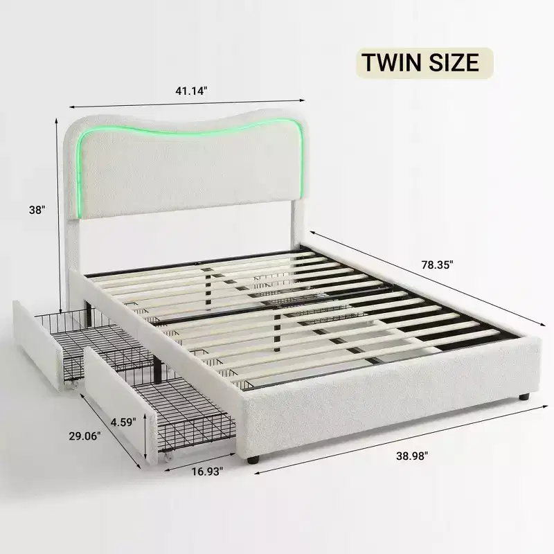 Bed Frame with 2 Storage Drawers, Upholstered Platform Bed with LED Headboard, No Box Spring Needed for Kids, Teens