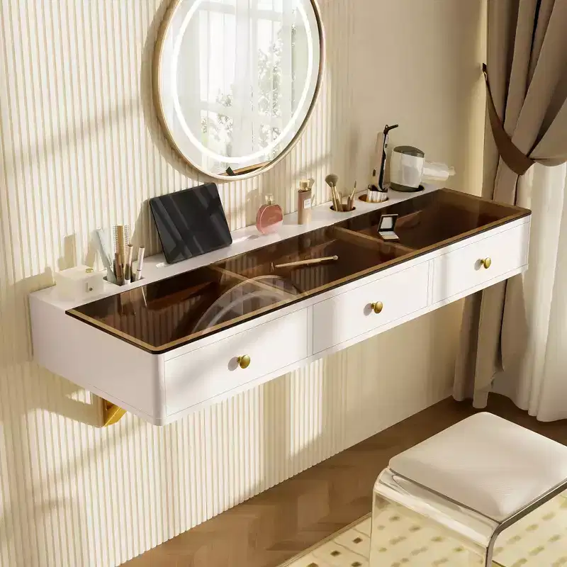 47-inch Floating Shelf with Drawer, Multi-Functional Wall-Mounted Dressing Table, Wall-Mounted Desk, Suitable for Bedrooms, Light Beige