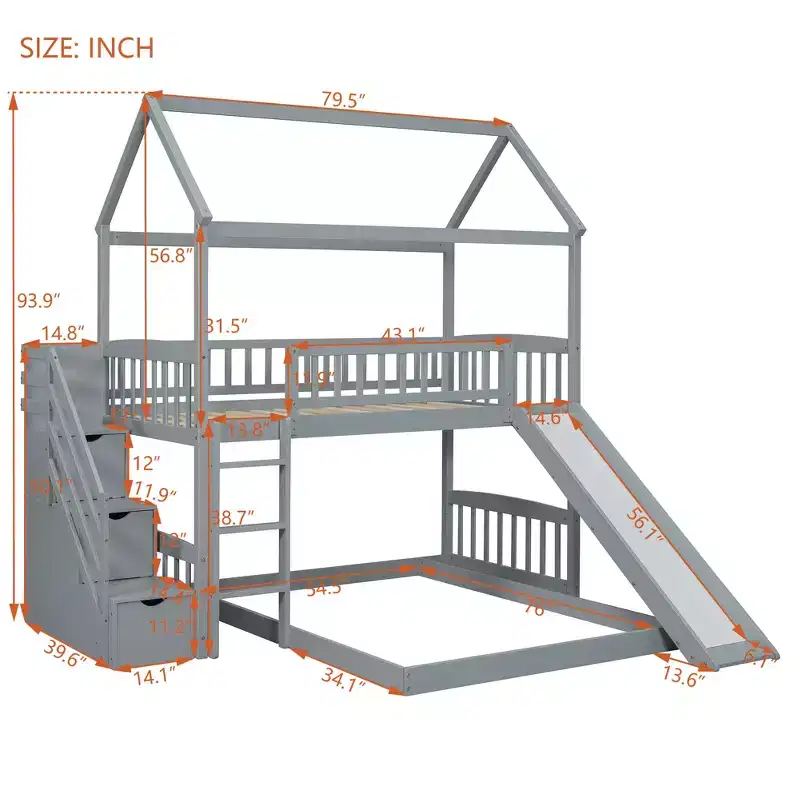 Twin over Full House Bunk Bed with Slide and Stairs for Kids Teens, Wood Bunk Bed Frame with Guard Rail & Storage