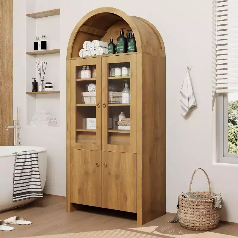 71in Tall Arched Pantry Cabinet, Farmhouse Kitchen Arched Bookcase Cupboard Storage Cabinets with a Hidden Drawer Adjustable Shelves, Natrual Oak