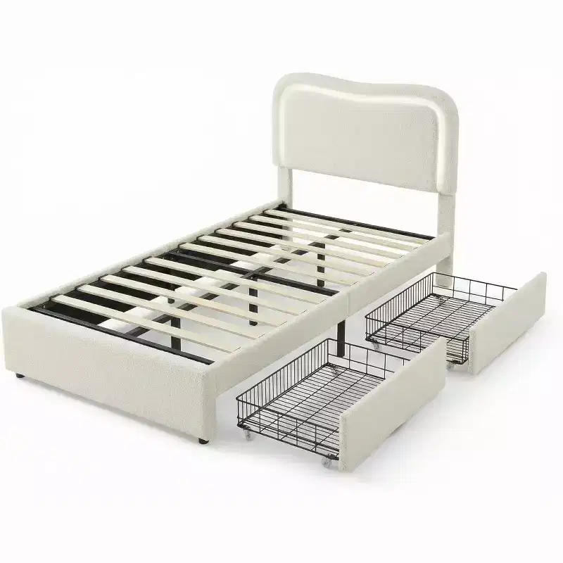 Boucle Bed Frame with 2 Storage Drawers, LED Headboard, Upholstered Platform Bed, No Box Spring Needed