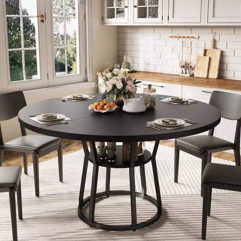 47 Farmhouse Round Dining Table for 4,Rustic Wood Top with Storage & Metal Legs,Space-Saving Circle Table for Kitchen, Dining & Living Room