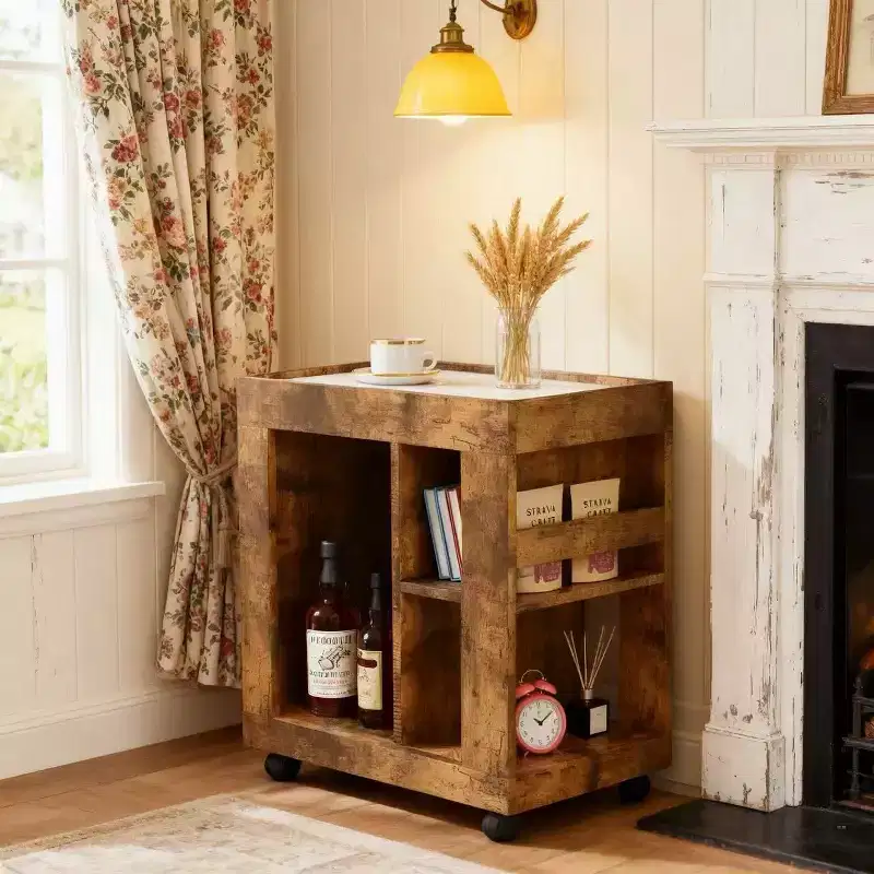 Homy Casa Rustic Bar Cabinet with Marble Top and Wheels, Brown  Mobile Storage Cart for Kitchen & Living Room
