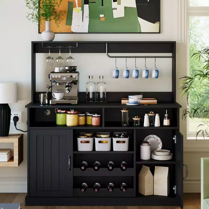47 Farmhouse MDF Coffee Bar Cabinet with Power Outlet - Wine Rack, Glass Holder & Hooks for Dining Room (Black/Dark Gray)