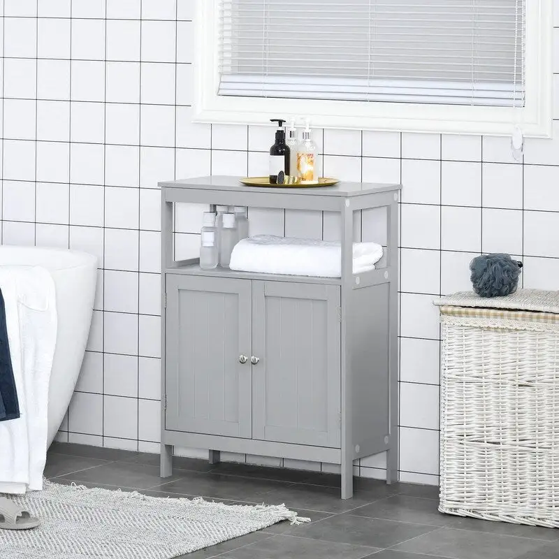 Freestanding Modern Bathroom Storage Cabinet, with Doors and Open Shelf - 11.75D x 23.5W x 32.25H