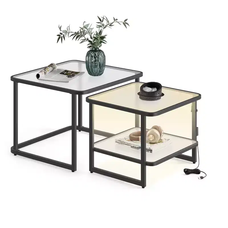 VASAGLE Nesting Coffee Table, Frosted Glass Coffee Table with LED Lights, Square Side Tables with Bottom Shelf