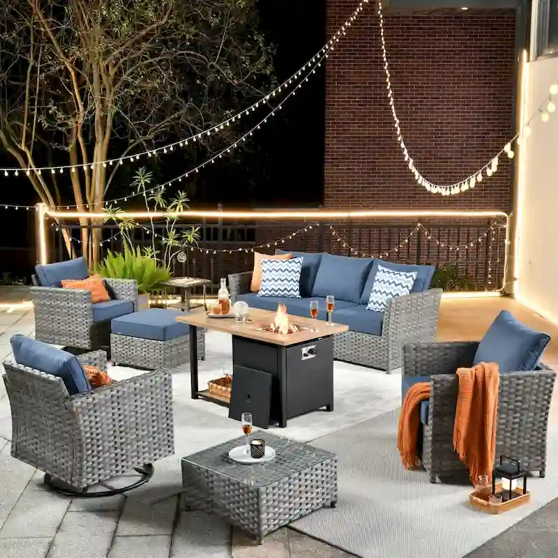 HOOOWOOO 10-piece Outdoor Grey Wicker Patio Furniture Set with Fire Pit Table