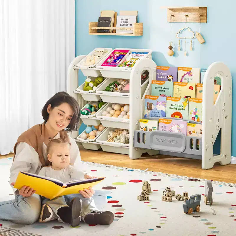 2-in-1 Kids Bookshelf and Toy Organizer with Storage Bins, White HDPE