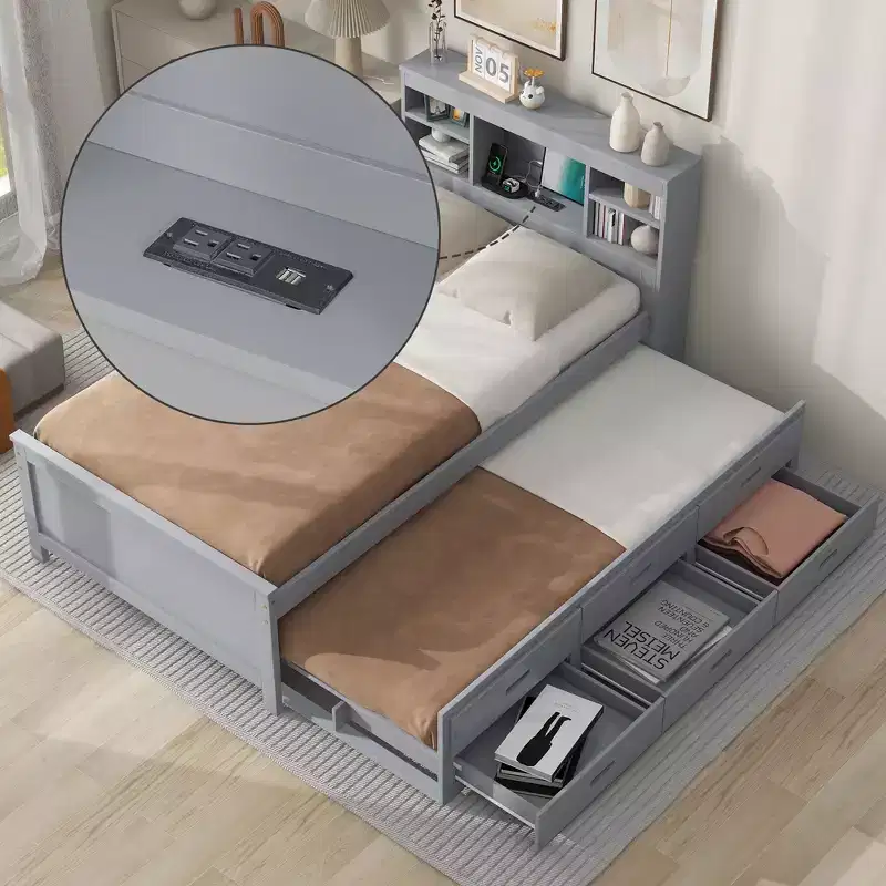 GDF Studio Banks Platform Bed with Storage Headboard, USB, Twin Size Trundle and 3 Drawers