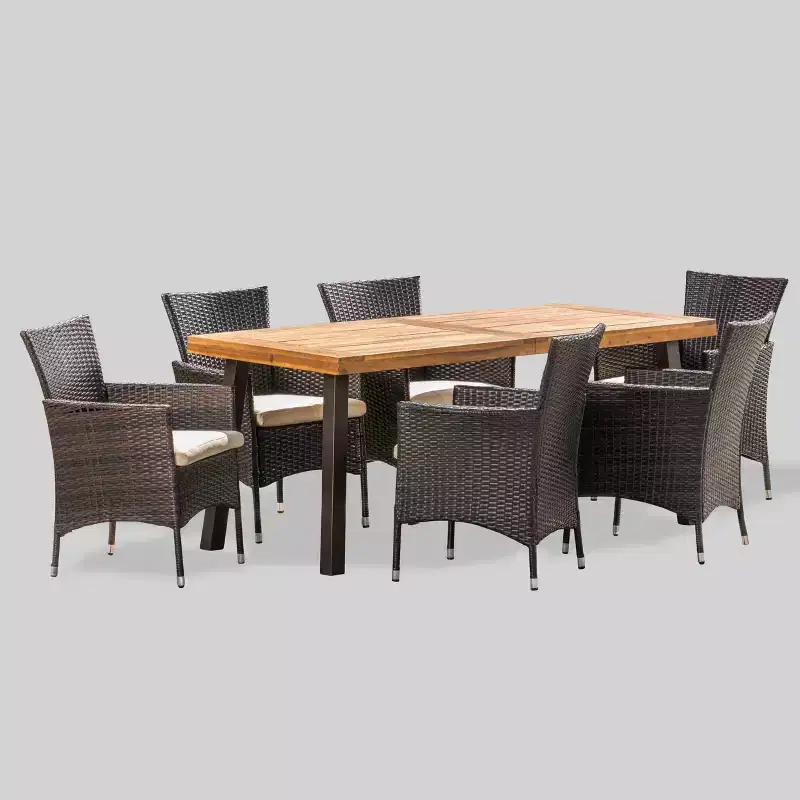 Tustin 7pc Acacia Wood and Wicker Dining Set Brown/Beige - Christopher Knight Home: With Cushions, Weather-Resistant