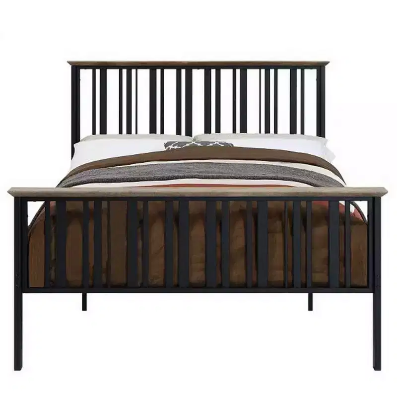 Royal Hampton Full Bed with Slatted Metal Frame, MDF Wood, Oak Brown and Black