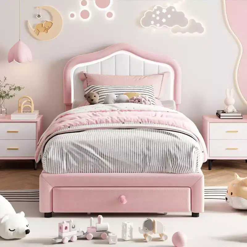 Upholstered Bed Frame with Storage Drawer and Smart LED Headboard, Twin Size Platform Bed Frame for Kids, Wooden Slats Support, No Box Spring Needed