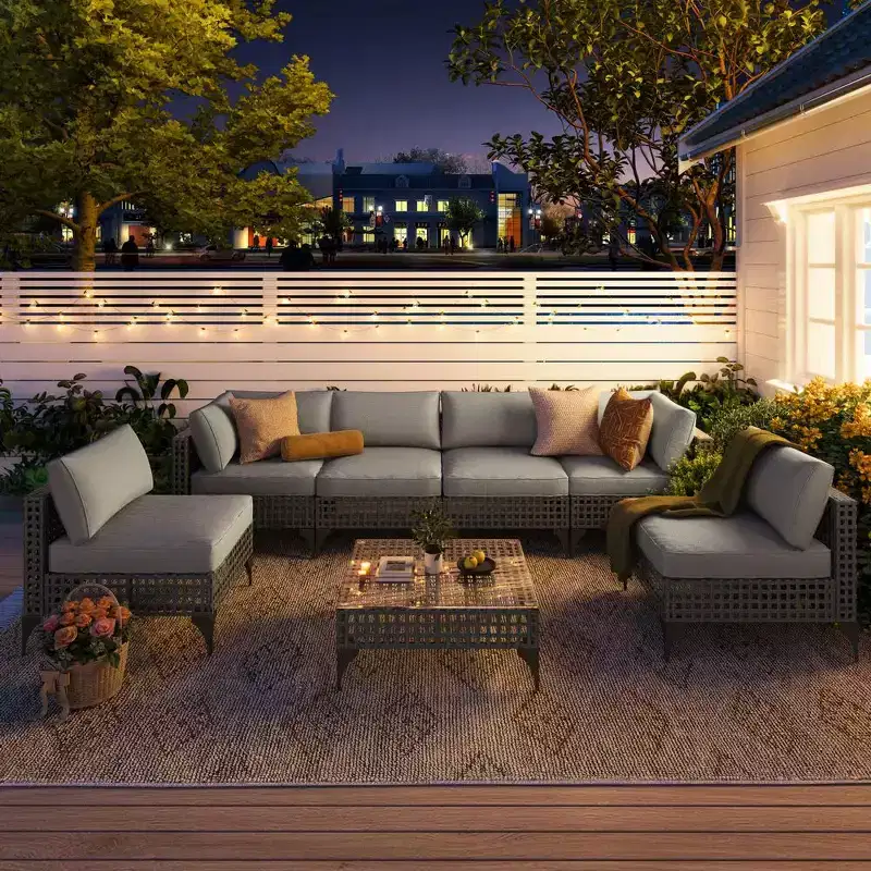 Mondawe 7-Piece Vintage Gray Wicker Outdoor Patio Conversation Set with Cushions and Coffee Table