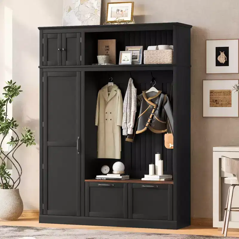 3-in-1 Hall Tree with Bench, Coat Rack with Storage Cabinet, Drawers & Hooks, Multifunctional Entryway Organizer - ModernLuxe