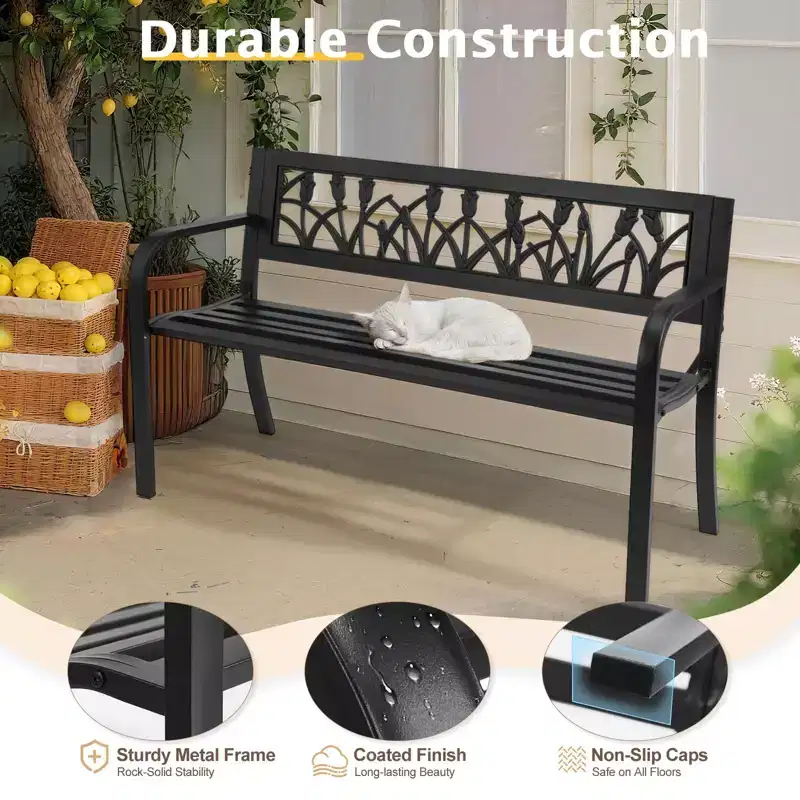 Karl Home | 49-inch Black Metal Bench with PVC Tulip Backrest