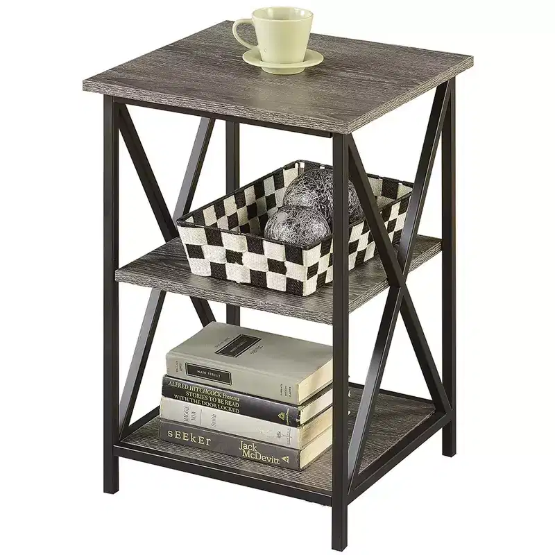 3-Tier Rectangle Metal End Table, Black Cross Frame, 24