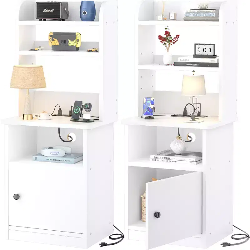 47 Adjustable Bookshelf with Hutch, Nightstand with Charging Station, LED Lights