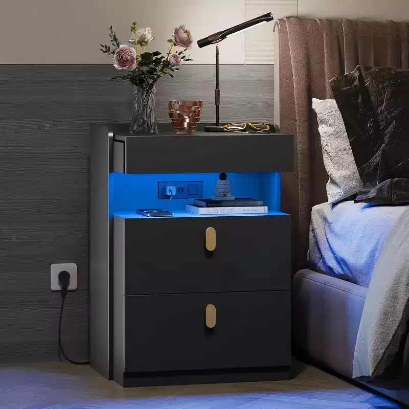GALAXHERO Nightstand with LED Lights and Charging Station, with Sliding Top and 2 Drawers, Smart End Table for Bedroom or Living Room