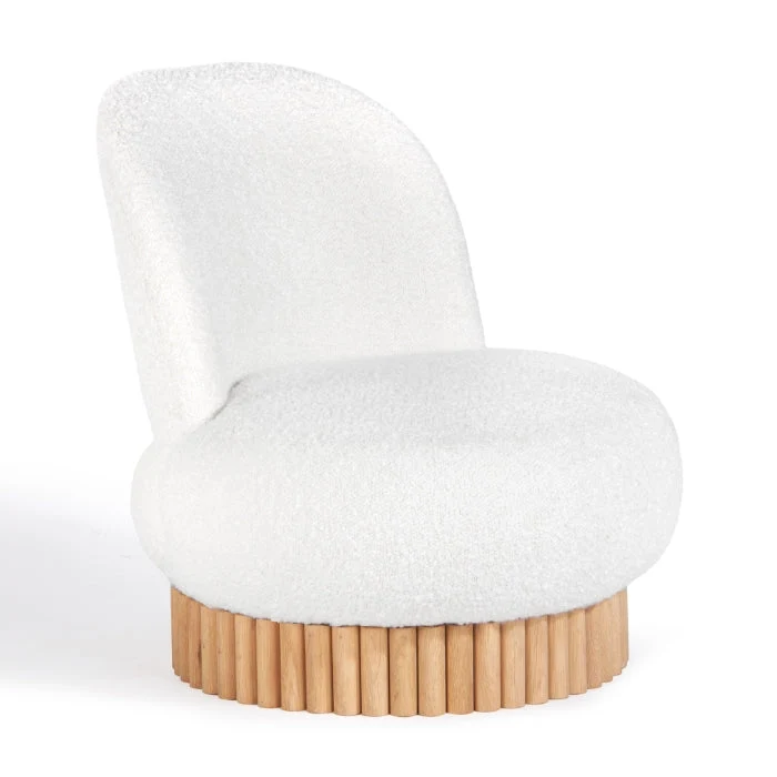 Reeded Boucle & FSC-Certified Oak Swivel Lounge Chair with Water-Based Lacquer Base for Living Room
