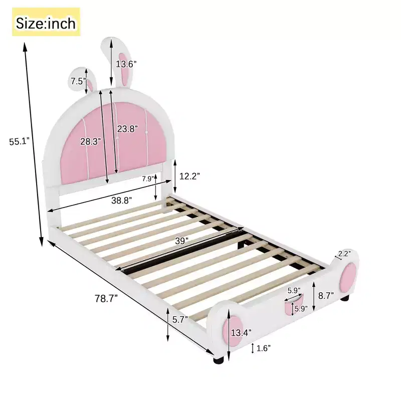 Twin Size Upholstered Platform Bed with Rabbit Shaped Headboard, White+Pink