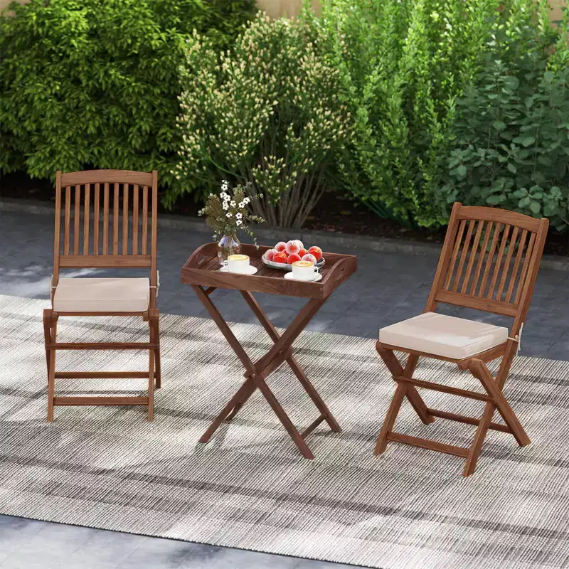 Costway 1/2 PCS Solid Teak Wood Tray Table 28 High Folding Table with Removable Tray Top