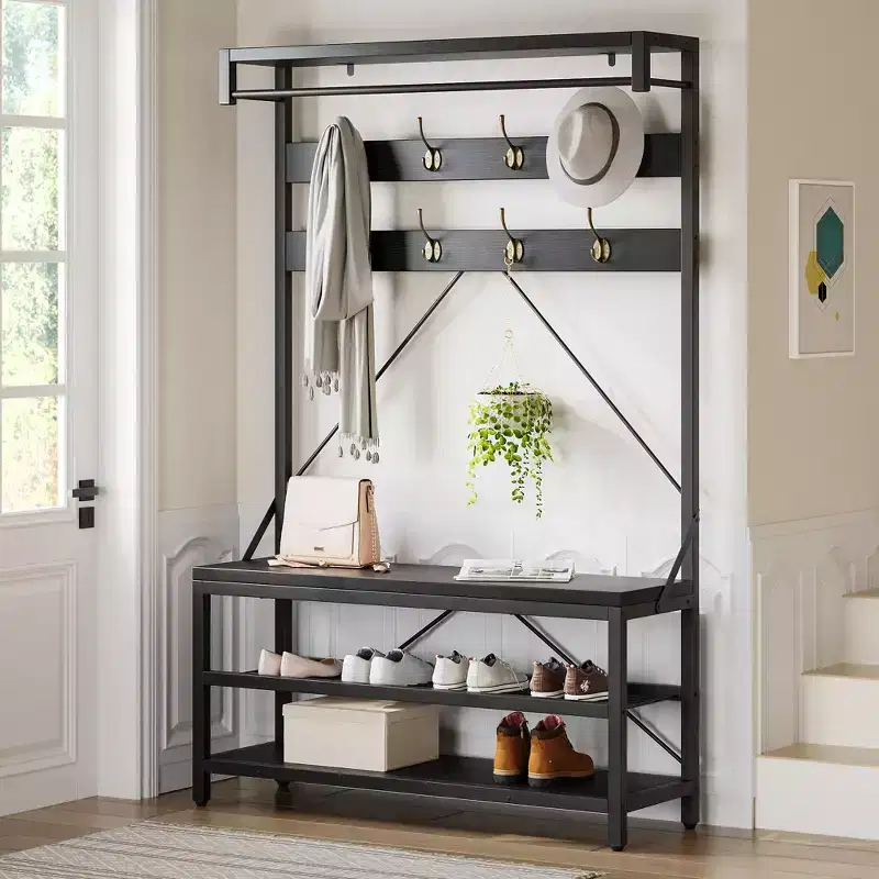 40 Industrial Hall Tree with Bench and Shoe Storage  Coat Rack with Hanging Bar, Hooks, and Storage Shelf for Entryway and Mudroom
