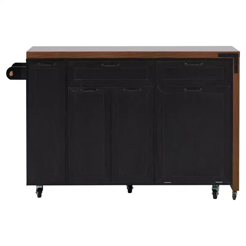 FAMYYT 102.3 Kitchen Rolling Island Cart with Extendable Dining Table, Trash Storage Cabinet, 3-Tier Pull-Out Spice Rack, 2 Drawers