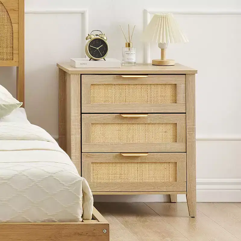 Rattan Nightstand, Boho Bedside Table with 3 Drawers and Storage Shelf, Sturdy Wood Legs for Kids' Room, Farmhouse, Bedroom