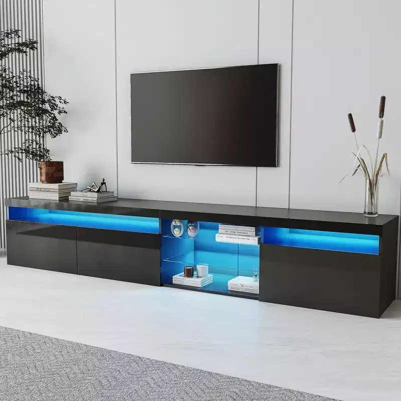 Modern TV Stand with LED Lights for 105 inch TV, TV Storage Cabinet Table with Glass Shelves for Living Room