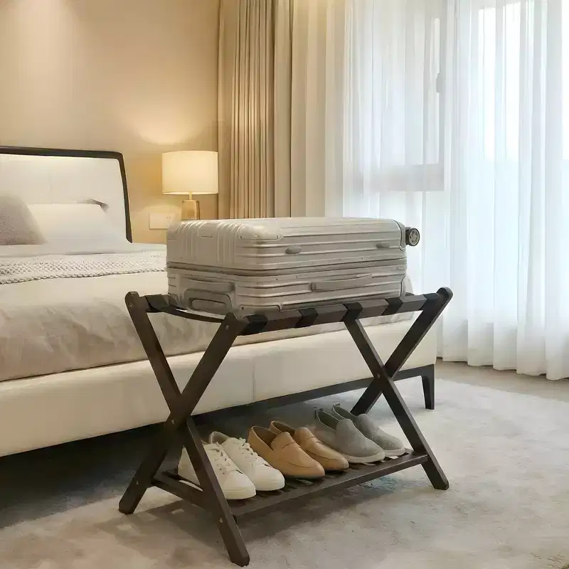 Folding Bamboo Luggage Rack with 2-Tier Shelf Heavy-Duty Suitcase Stand for Guest Rooms & Hotels