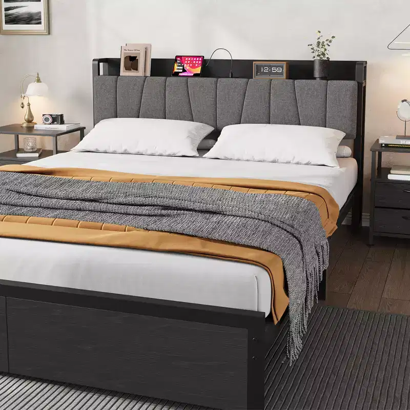 Whizmax Full Size Bed Frame with Upholstered Headboard, Industrial Full Platform Bed with 2 Storage Drawers and Charging Station, No Box Spring Needed