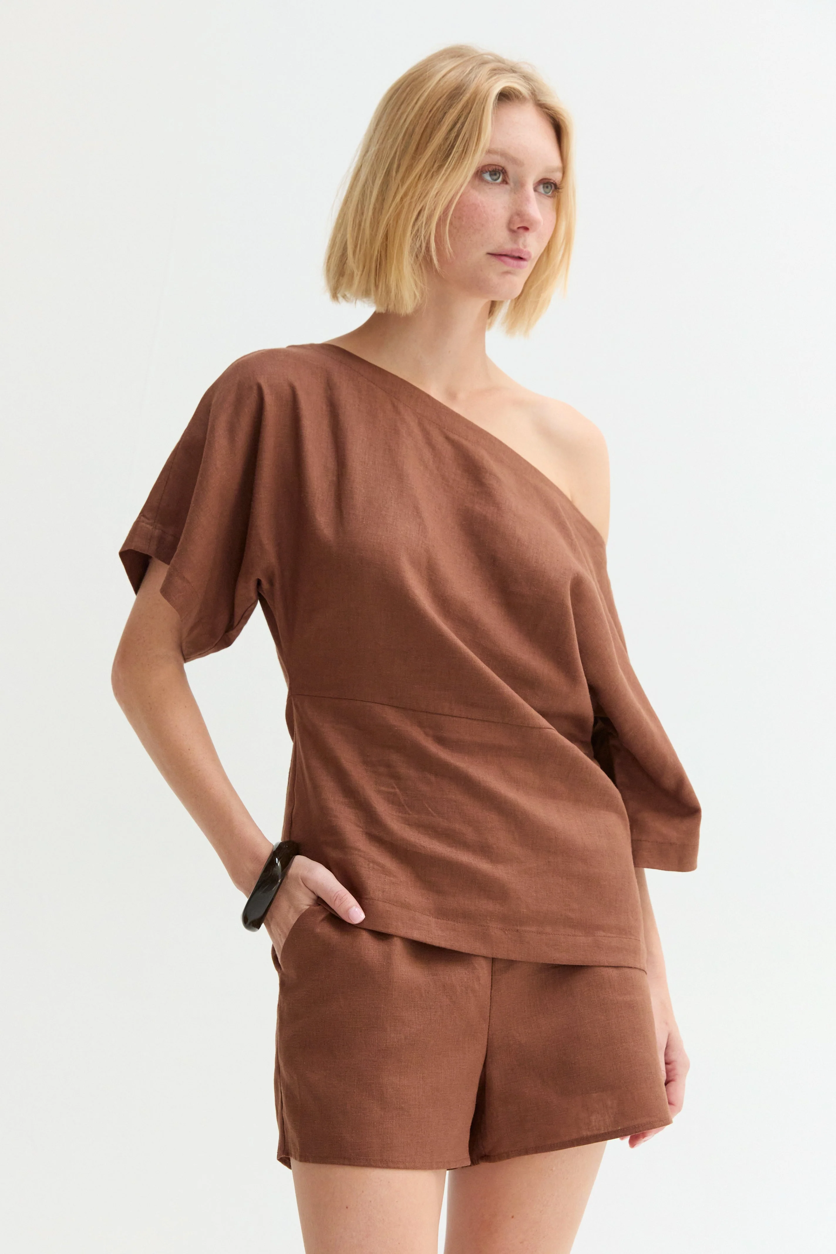 One Shoulder Linen Blend Top