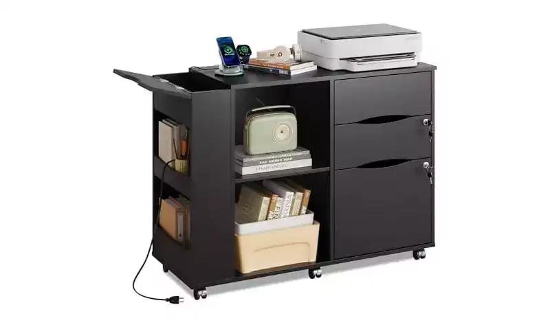 DEXYLLO File Cabinet with Lock, 3 Drawer Rolling Mobile Lateral Filing Cabinets with Charging Station Printer Stand with Open Storage