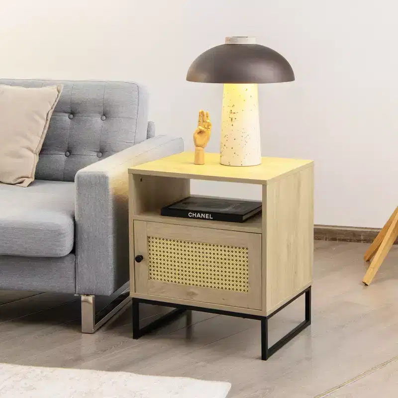 2PCS Nightstand with Cabinet, Wooden Side End Table with Rattan Decorated Door, Oak