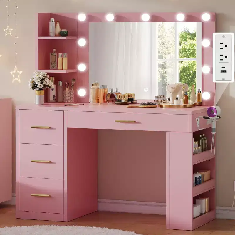 Pink Vanity Desk With Large Lighted Mirror 11 Lights Makeup Vanity Table With 4 Drawers & 3 Storage Shelves