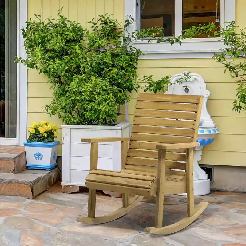 Outsunny Wooden Outdoor Rocking Chair, Traditional Slatted Wood Rocker with Armrests for Indoor & Outdoor, Light Brown