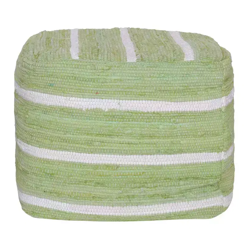 Green & White Striped Cube Ottoman, Single-Person Cotton Pouf Footrest, 18 x 18 x 18 Inches