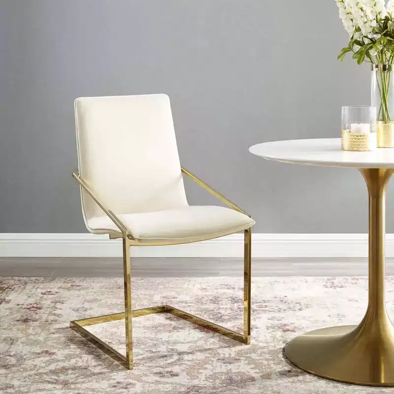 Velvet Dining Armchair with Gold Geometric Frame – Ivory