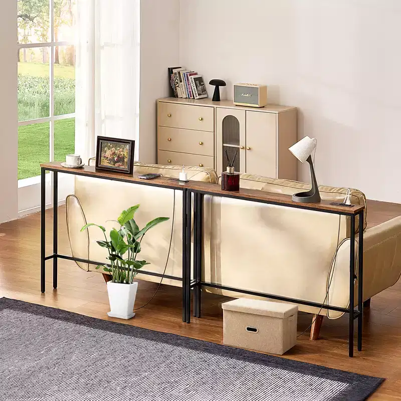 Narrow Console Table, 2 Pack Behind Couch Table with Power Outlets, 1-Tier Long Entryway Table, Narrow Sofa Table with Metal Frame, Black