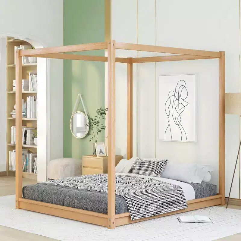 Canopy Bed Wood 4 Poster Panel Beds, Floor Bed Frame with Solid Wood Slat Support